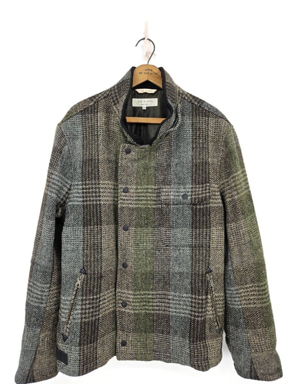 Rag & Bone Harris Tweed Wool Hunting Jacket Mens 44 Olive Plaid